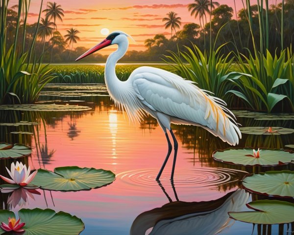 Dawn Scene with White Egret in Tranquil Pond