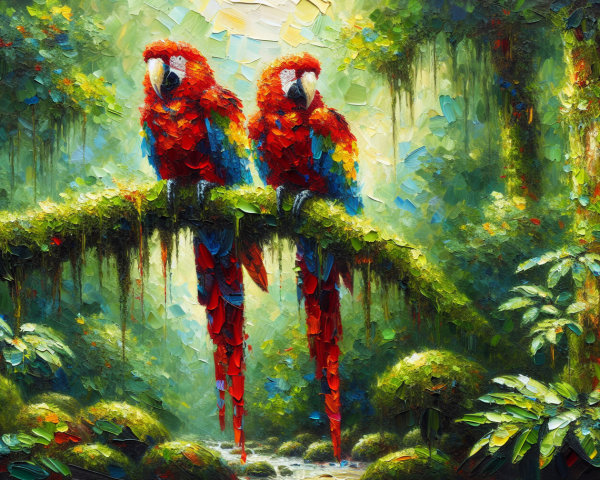 Scarlet Macaws in a Tropical Rainforest Setting