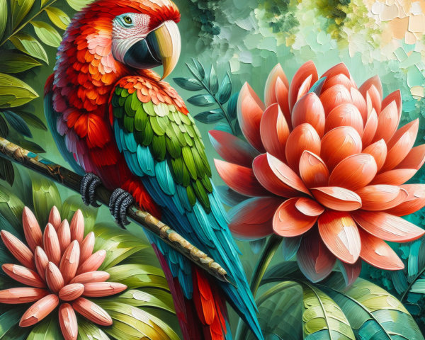 Vibrant Macaw Surrounded by Tropical Foliage and Flowers