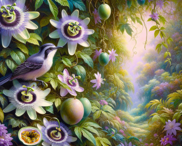 Vibrant Jungle Scene with Passion Flowers and Bird