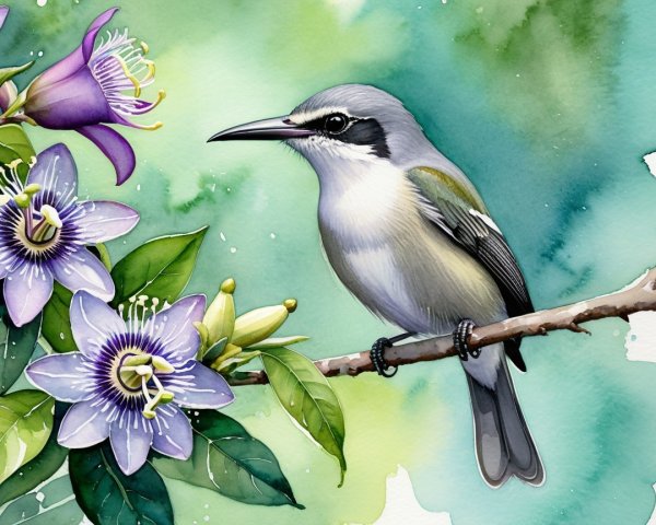 Illustration of a bird on a branch with passionflowers