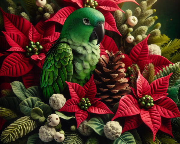 Vibrant Parrot Among Poinsettias and Green Foliage