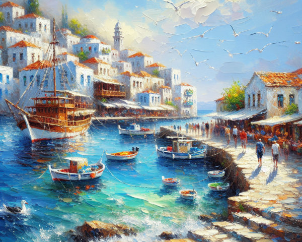 Vibrant Seaside Village with Colorful Houses and Boats