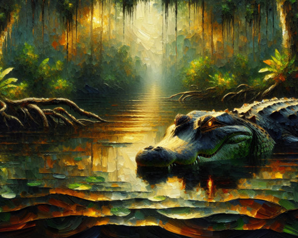 Serene Swamp Scene with Alligator at Dawn