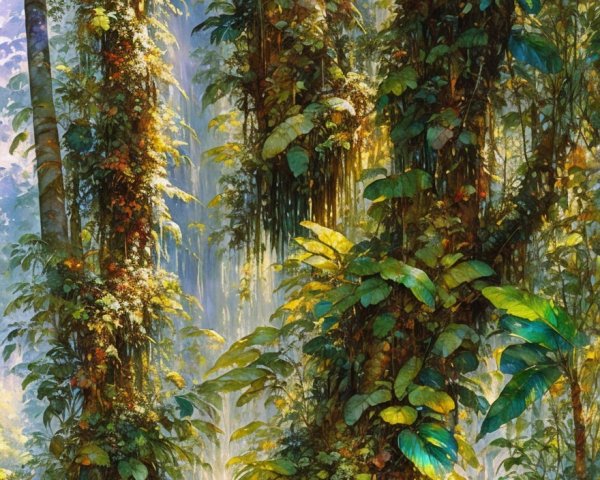 Lush Tropical Jungle with Tranquil Pond and Greenery