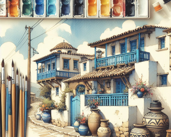 Watercolor Painting of Scenic Street with Colorful Houses