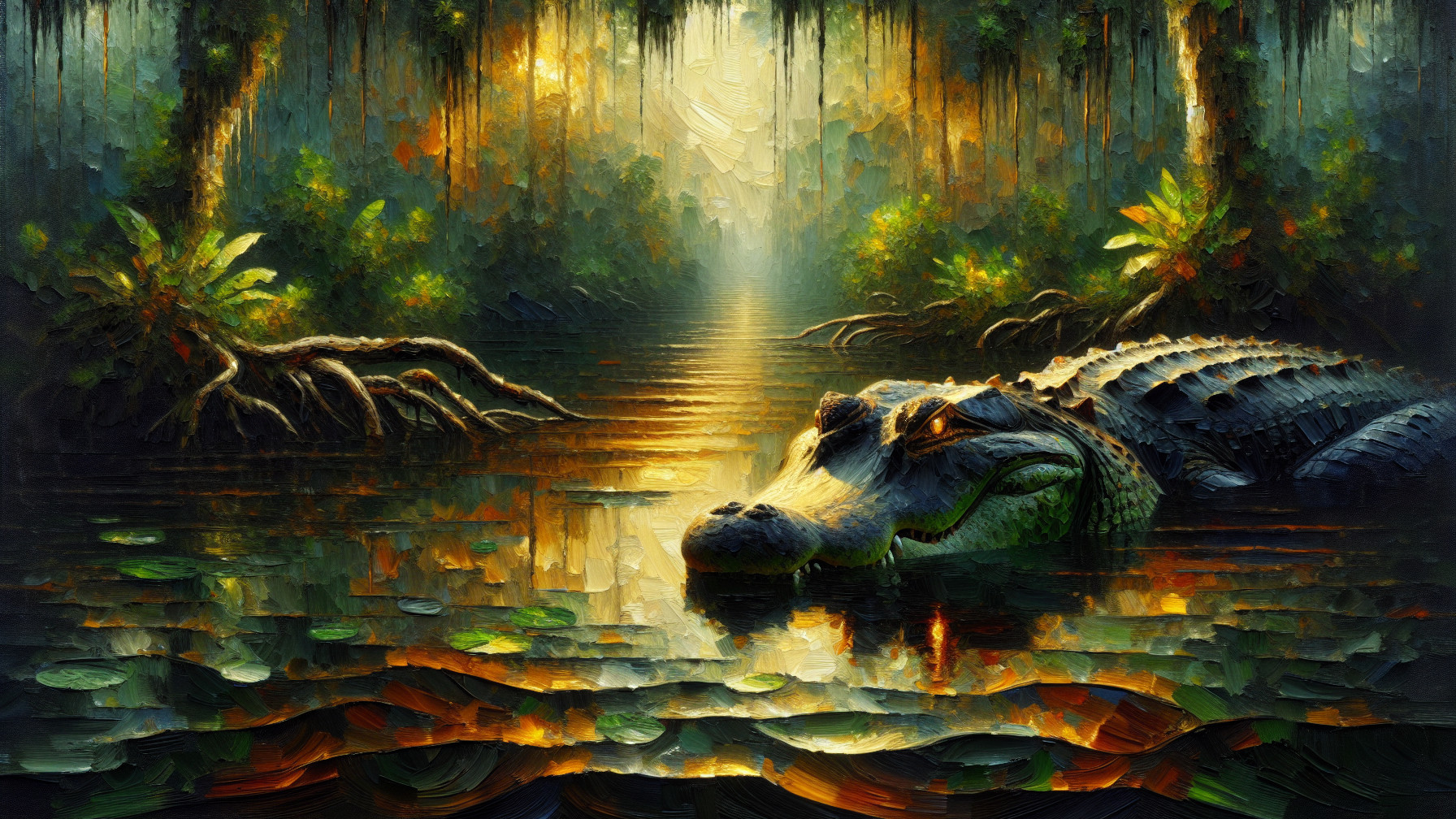 Serene Swamp Scene with Alligator at Dawn