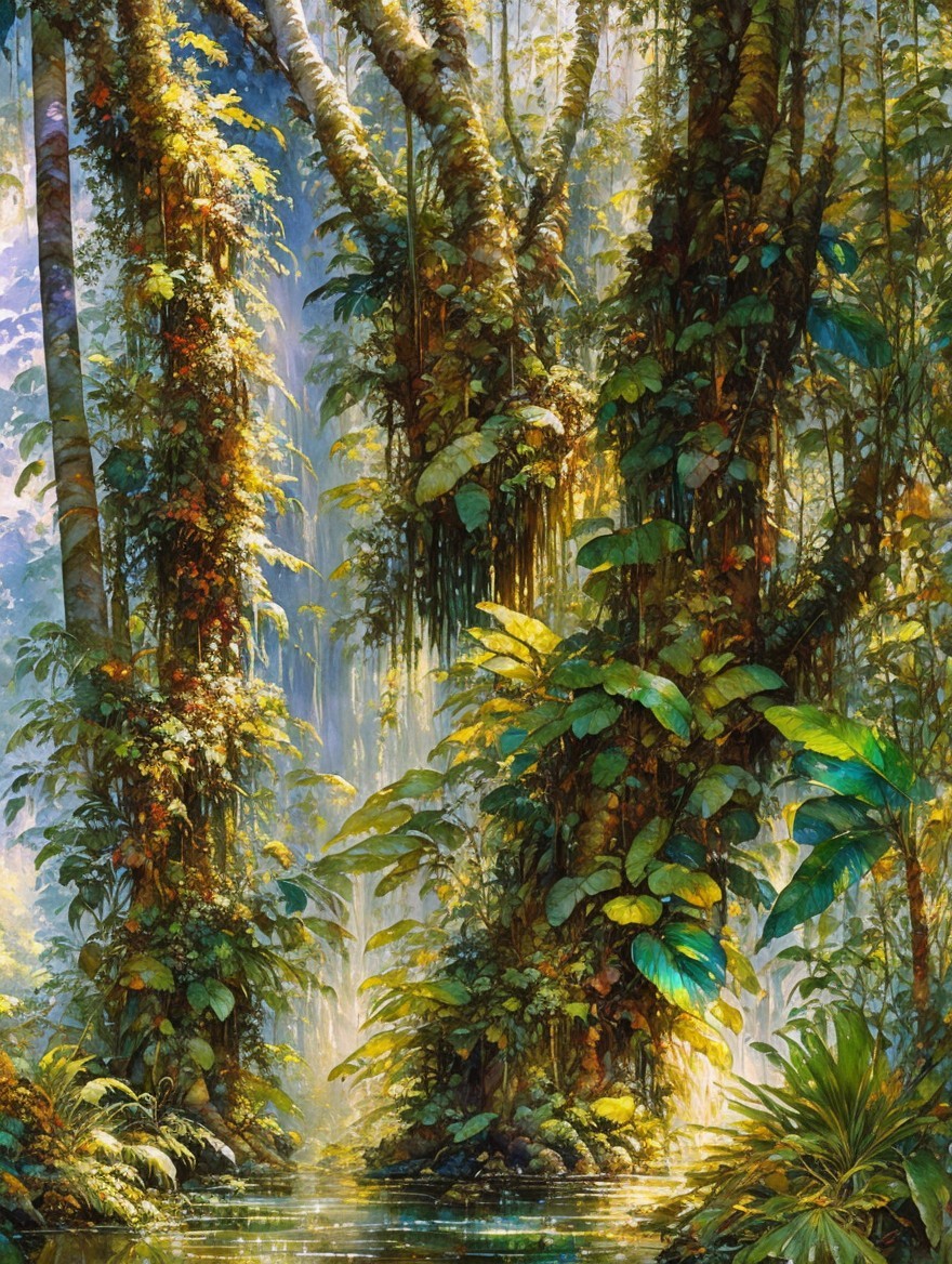 Lush Tropical Jungle with Tranquil Pond and Greenery