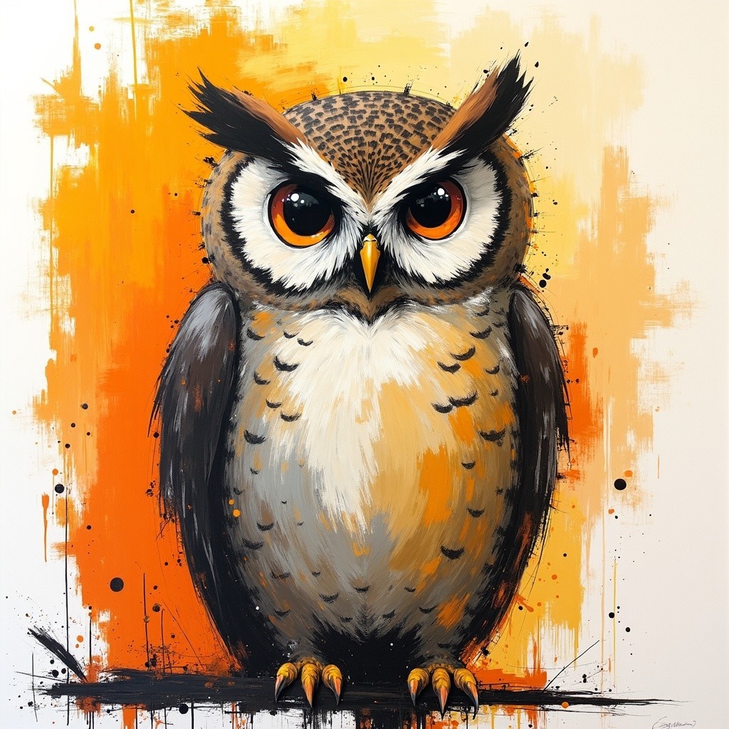 Vibrant Owl with Exaggerated Features on a Branch