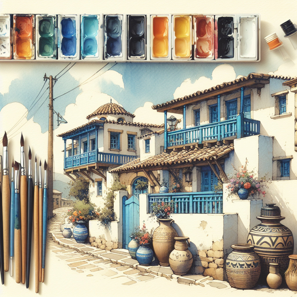 Watercolor Painting of Scenic Street with Colorful Houses