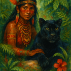 Woman with Dark Hair and Panther in Jungle Setting