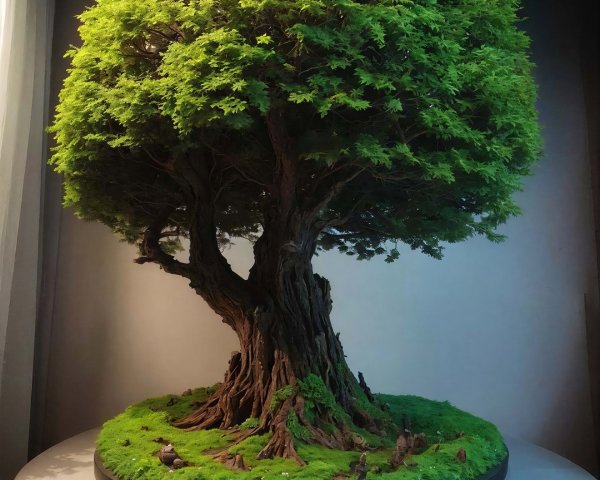 High-angle view of a vibrant bonsai in moss setting