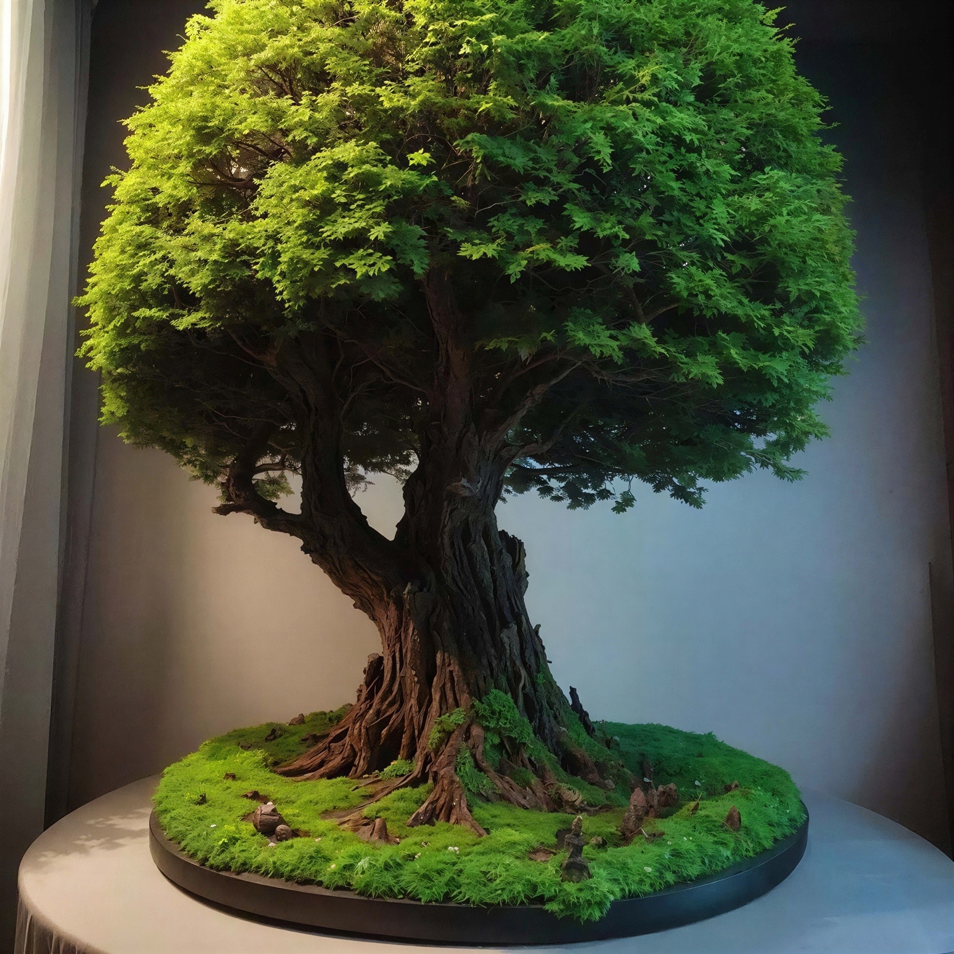 High-angle view of a vibrant bonsai in moss setting