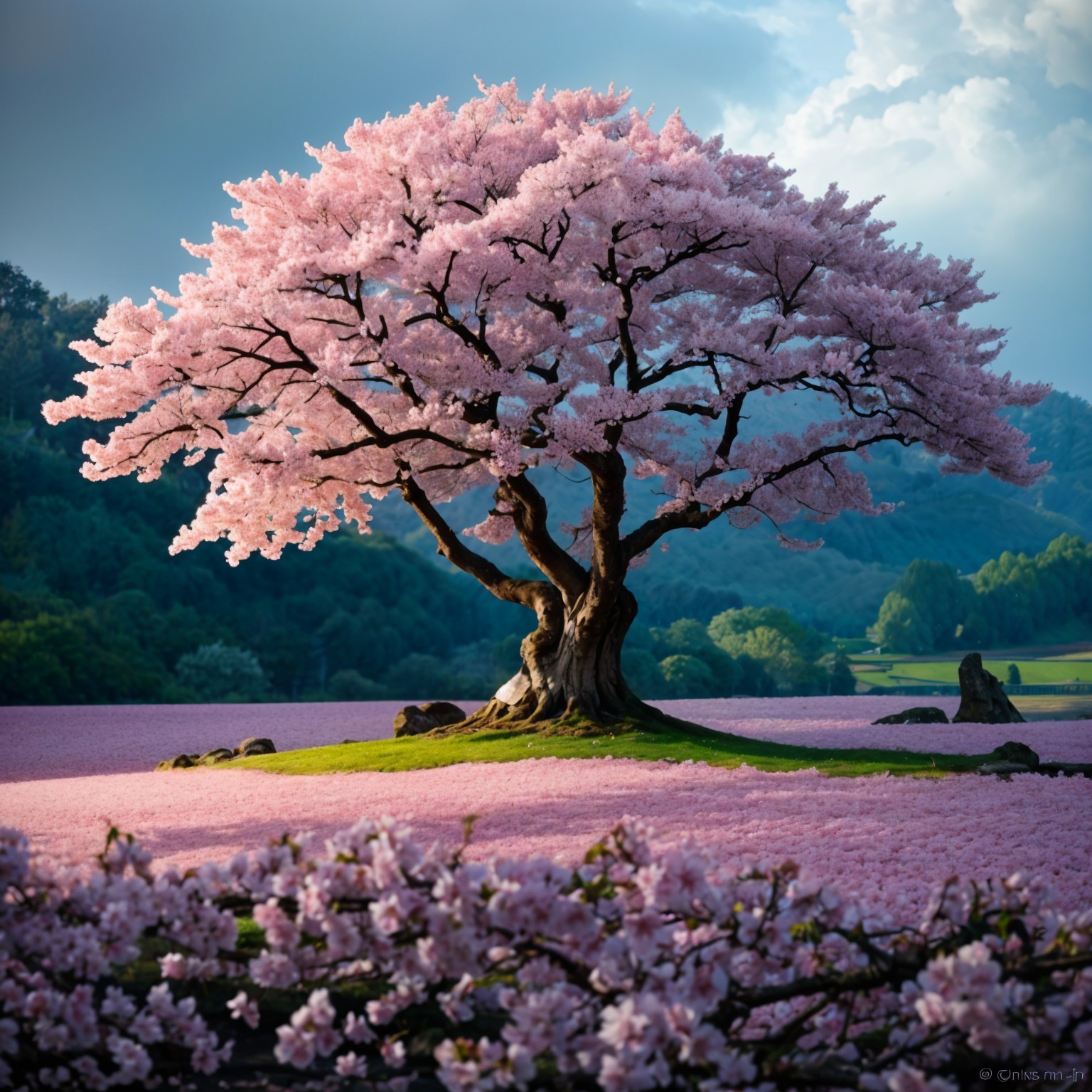 Cherry Blossom Tree in Serene Landscape Setting