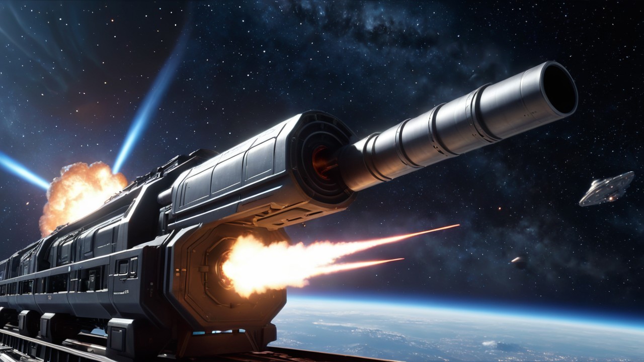 Futuristic Space Cannon Firing Energy Blasts in Cosmos