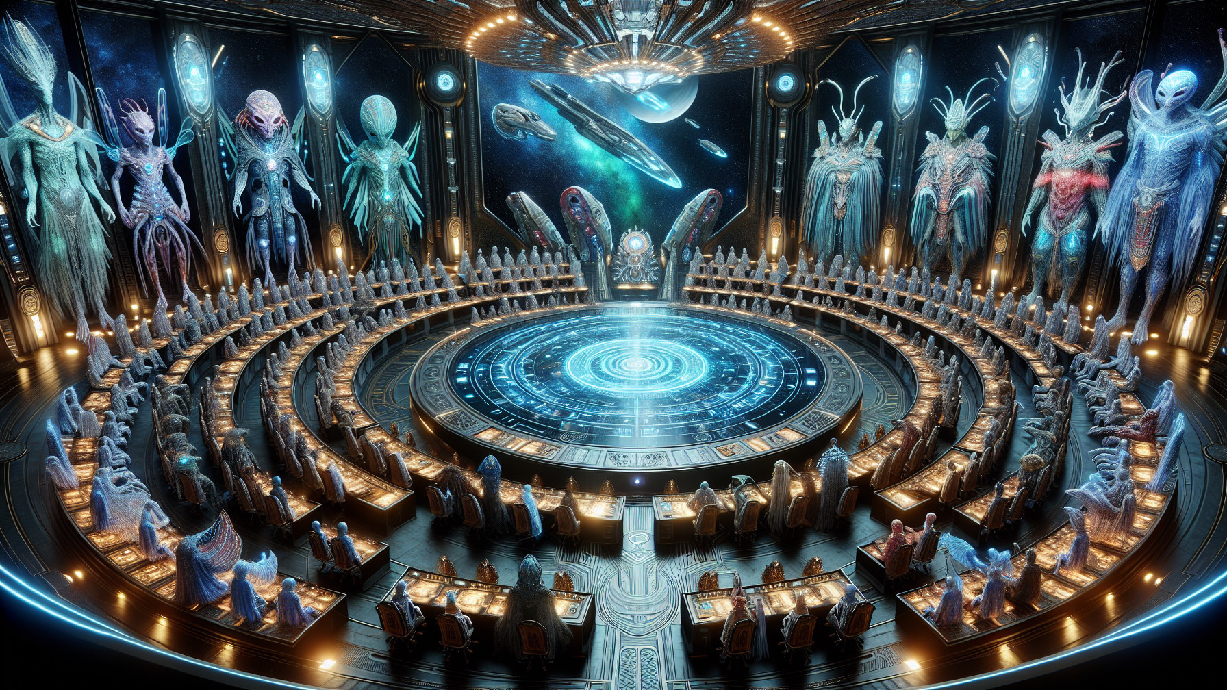 Futuristic Council Chamber with Alien Beings and Holograms