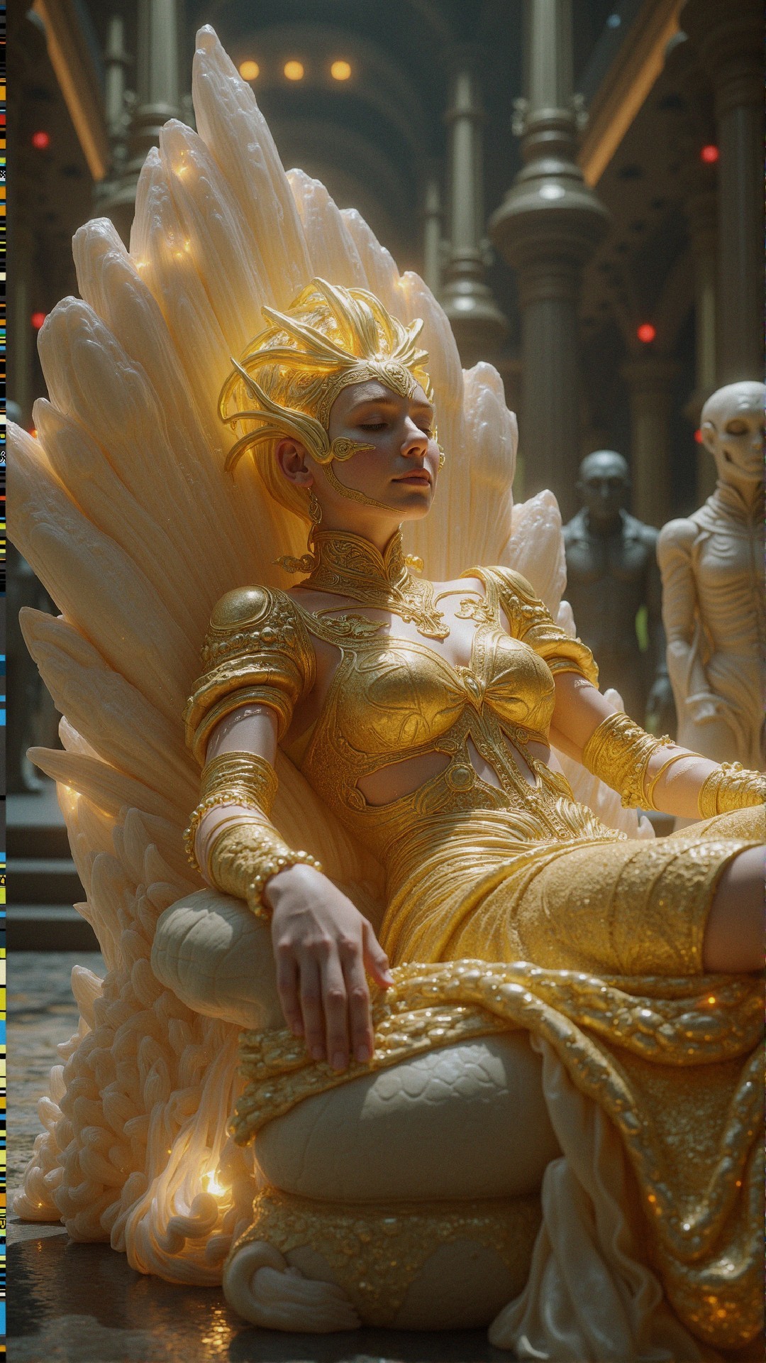 Regal figure on ornate throne in golden gown