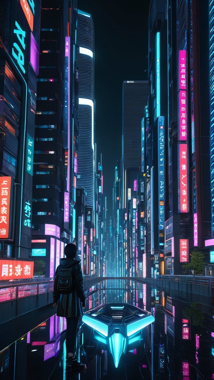 Futuristic cityscape with neon lights and hovercraft