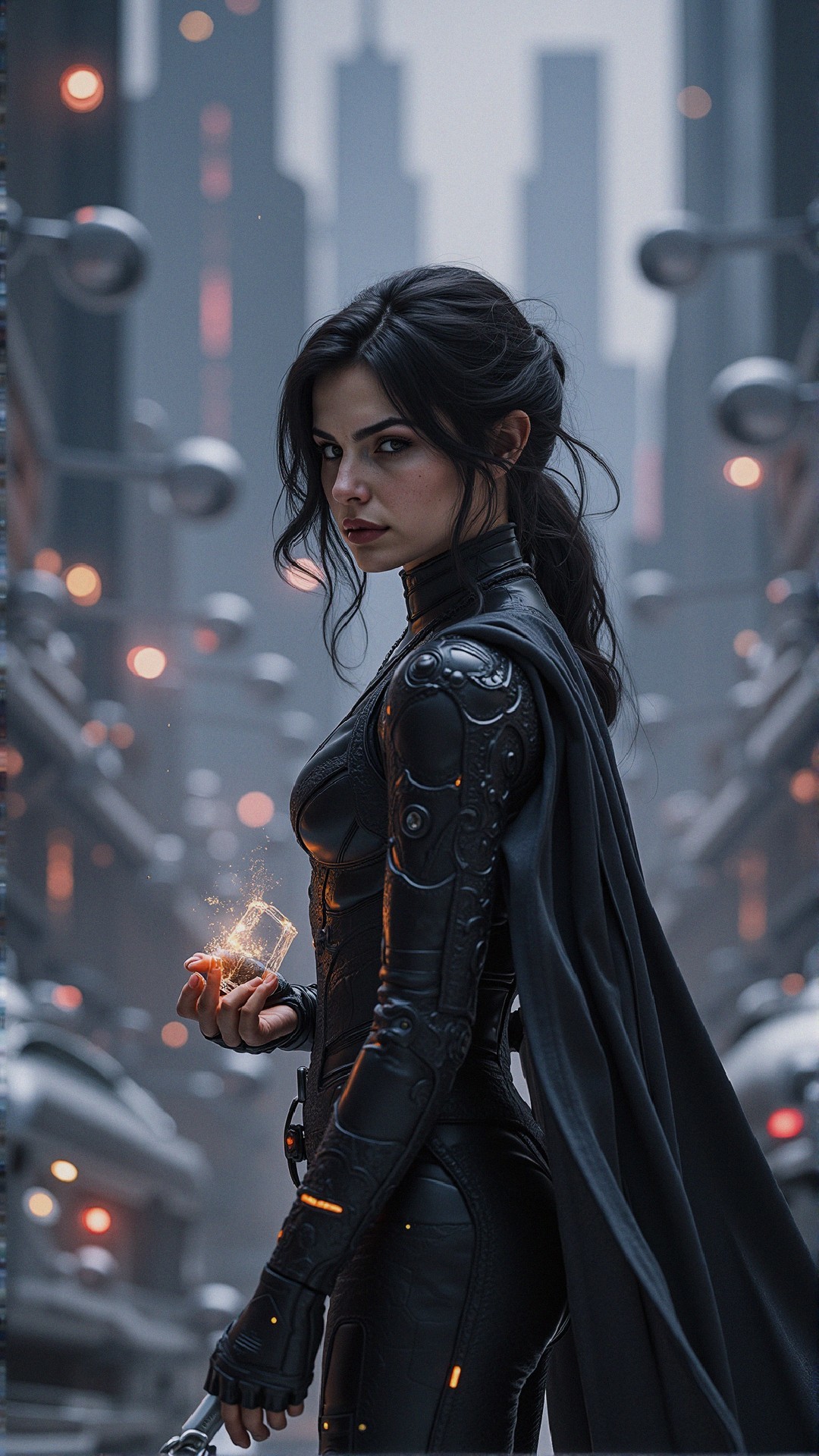 Futuristic Urban Scene with Armored Female Figure