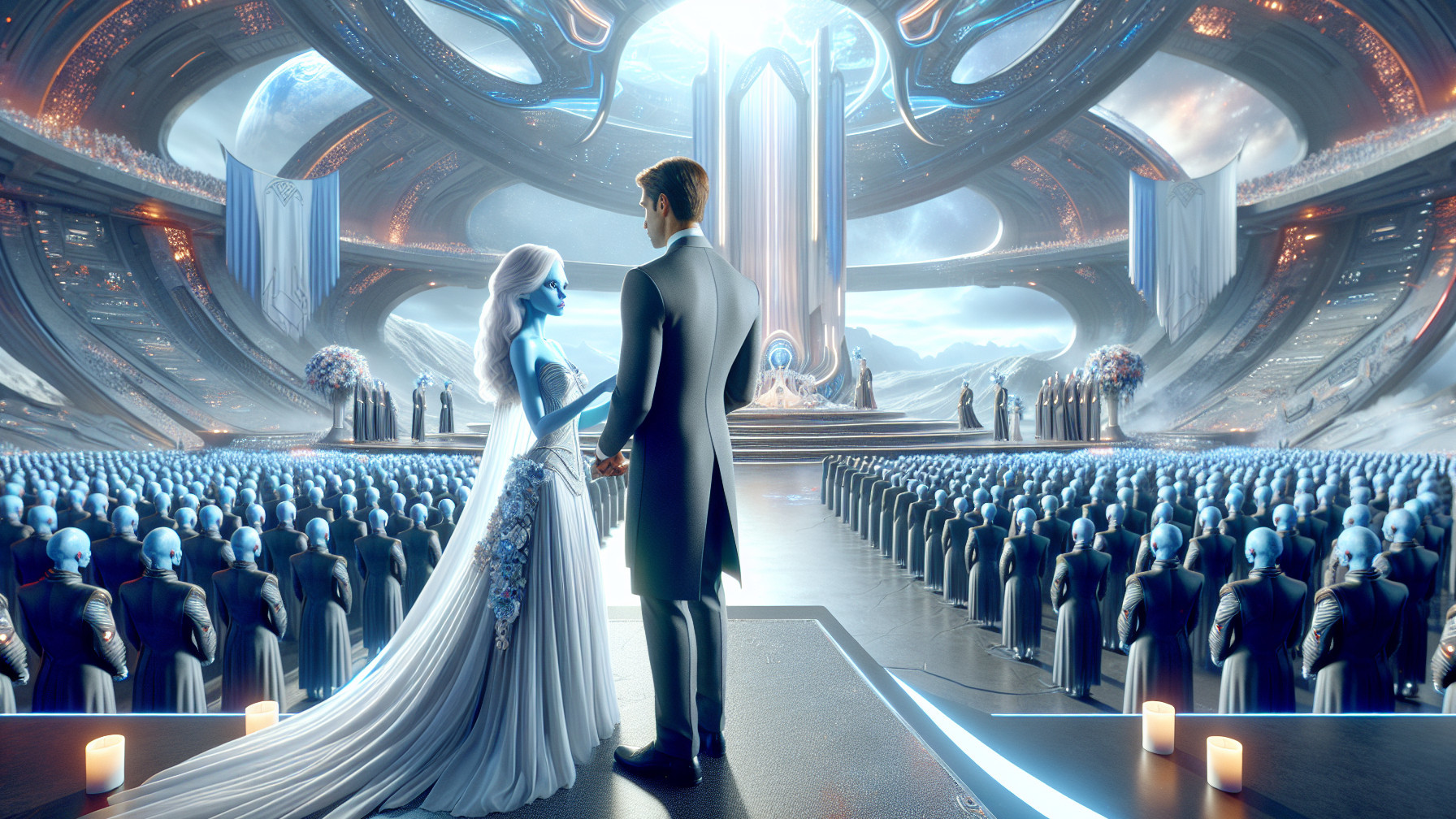 Futuristic Hall with Blue-Skinned Audience and Throne