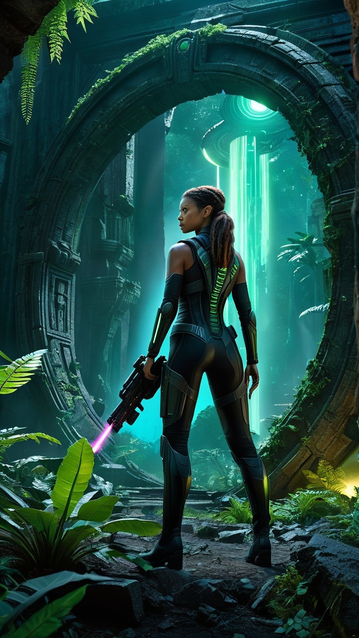 Futuristic warrior by mystical stone archway in nature