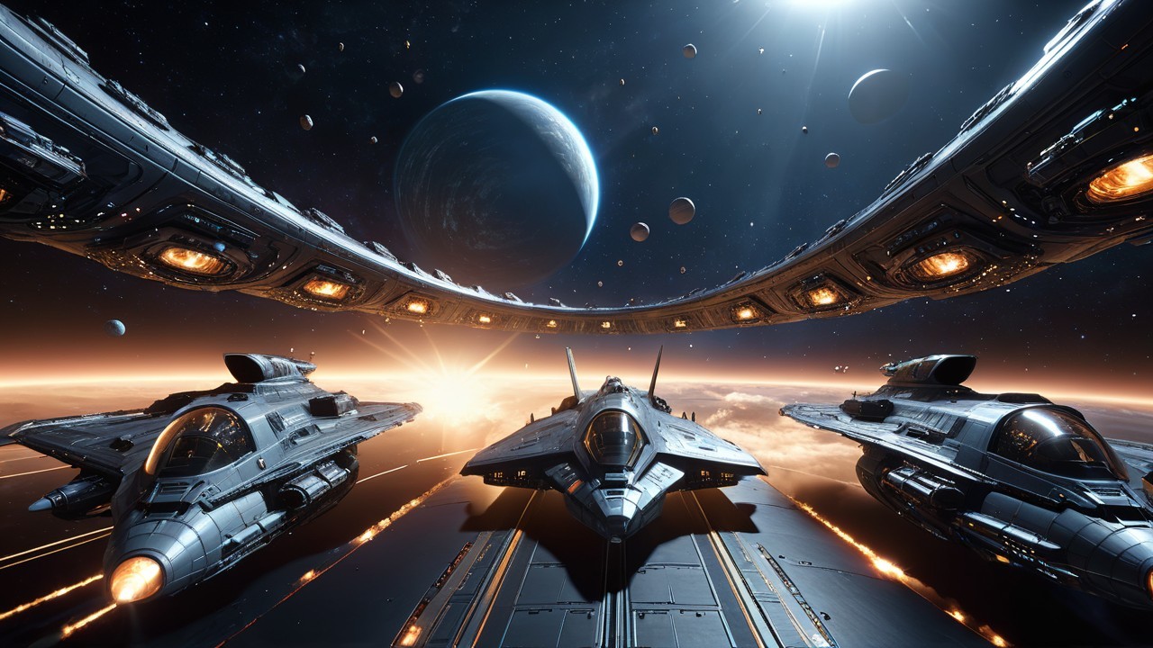 Futuristic Spacecraft and Circular Space Station in Space