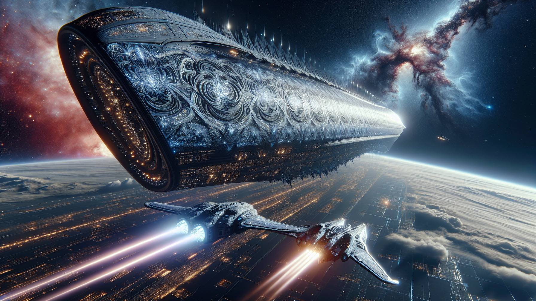 Ornate Spaceship in Colorful Cosmic Nebula Scene