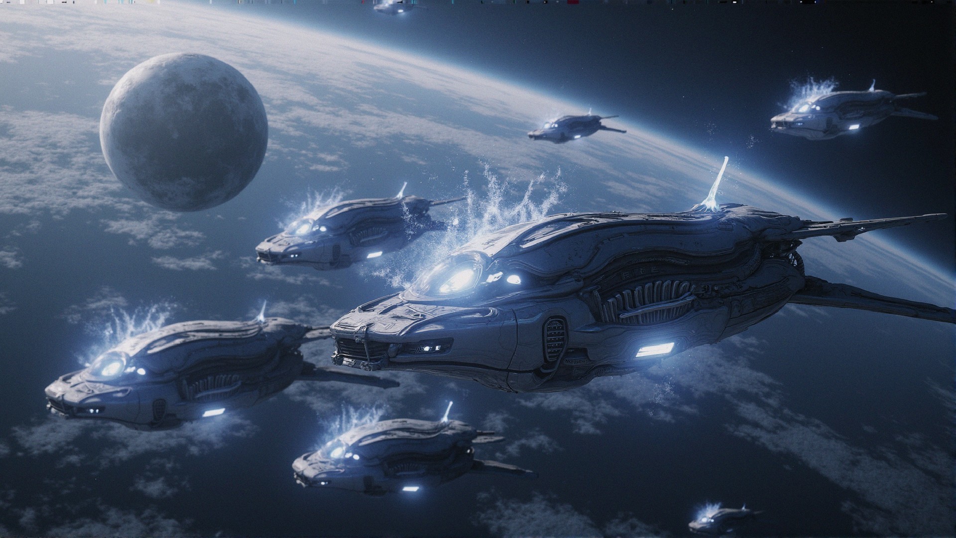 Futuristic spacecraft in space with blue lights and moon