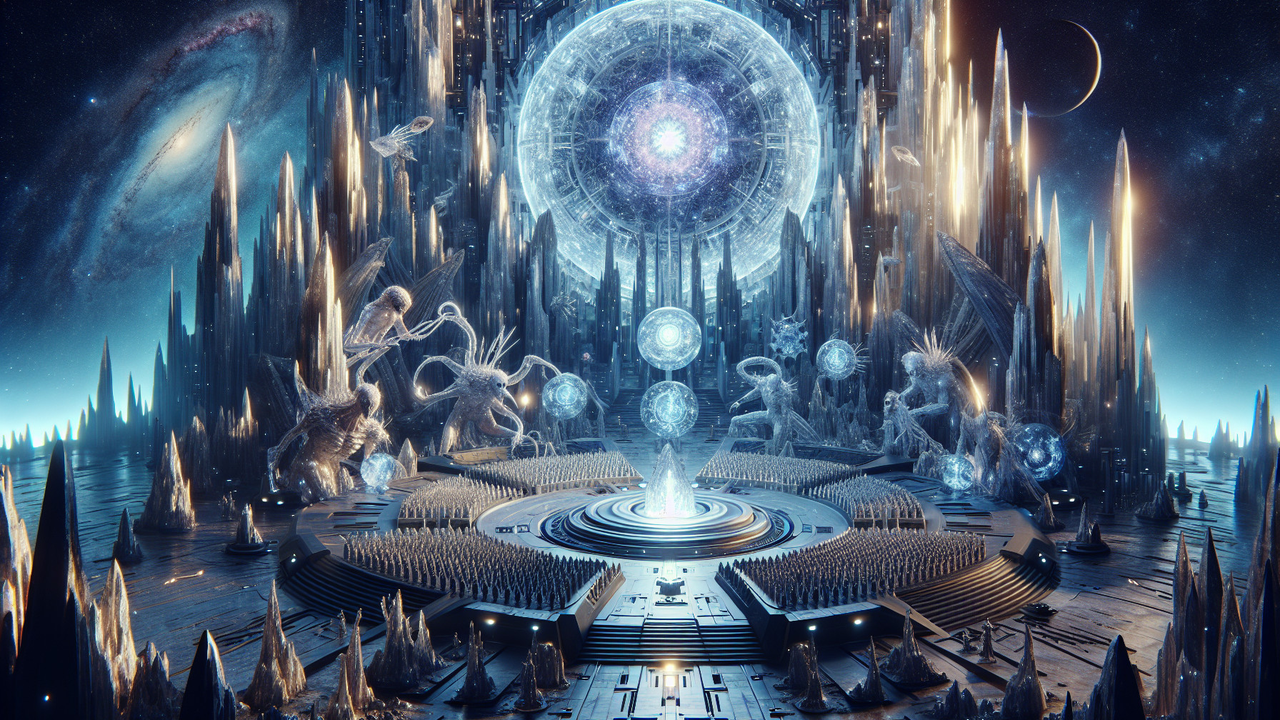 Celestial Landscape with Crystalline Structures and Beings