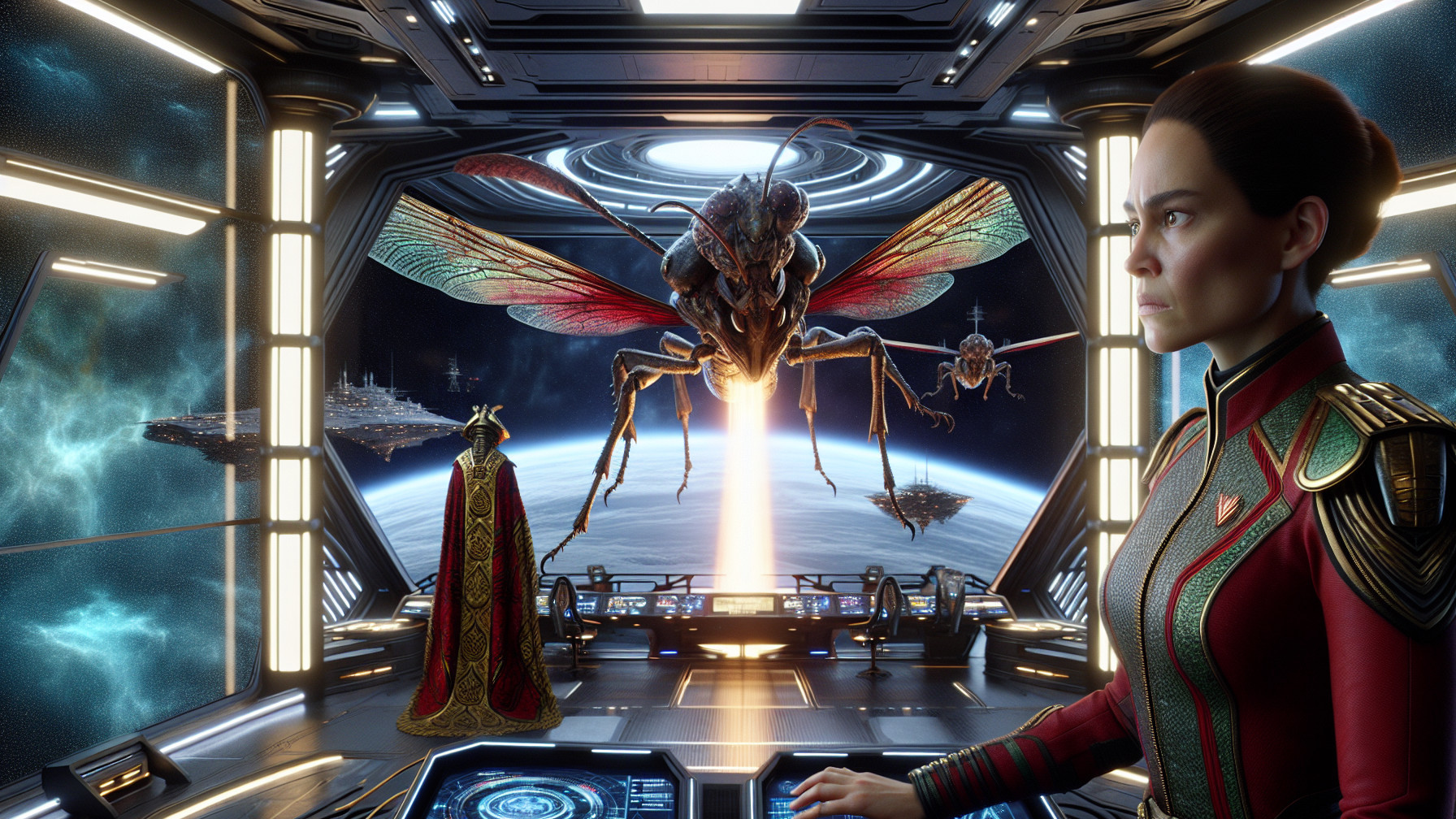 Futuristic Control Room with Insect Creature and Cosmic View