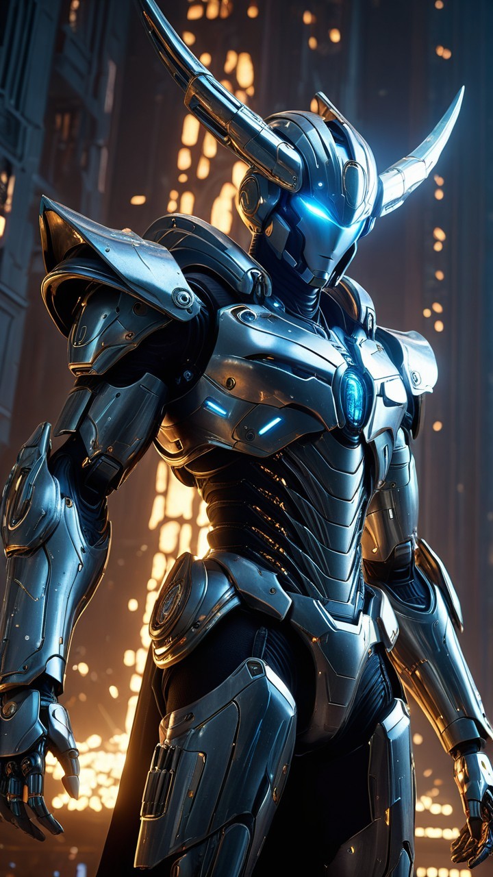 Futuristic Armored Figure in Advanced Technology Setting