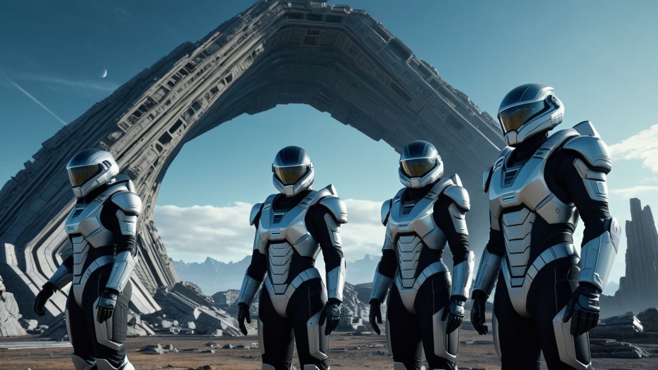 Astronauts in Futuristic Suits on Alien Landscape