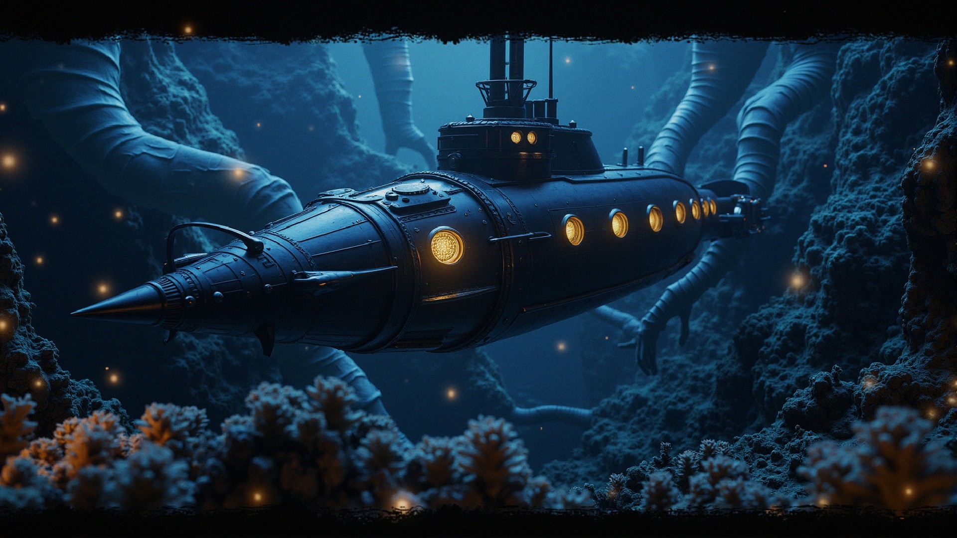 Vintage Submarine in Dark Underwater Landscape