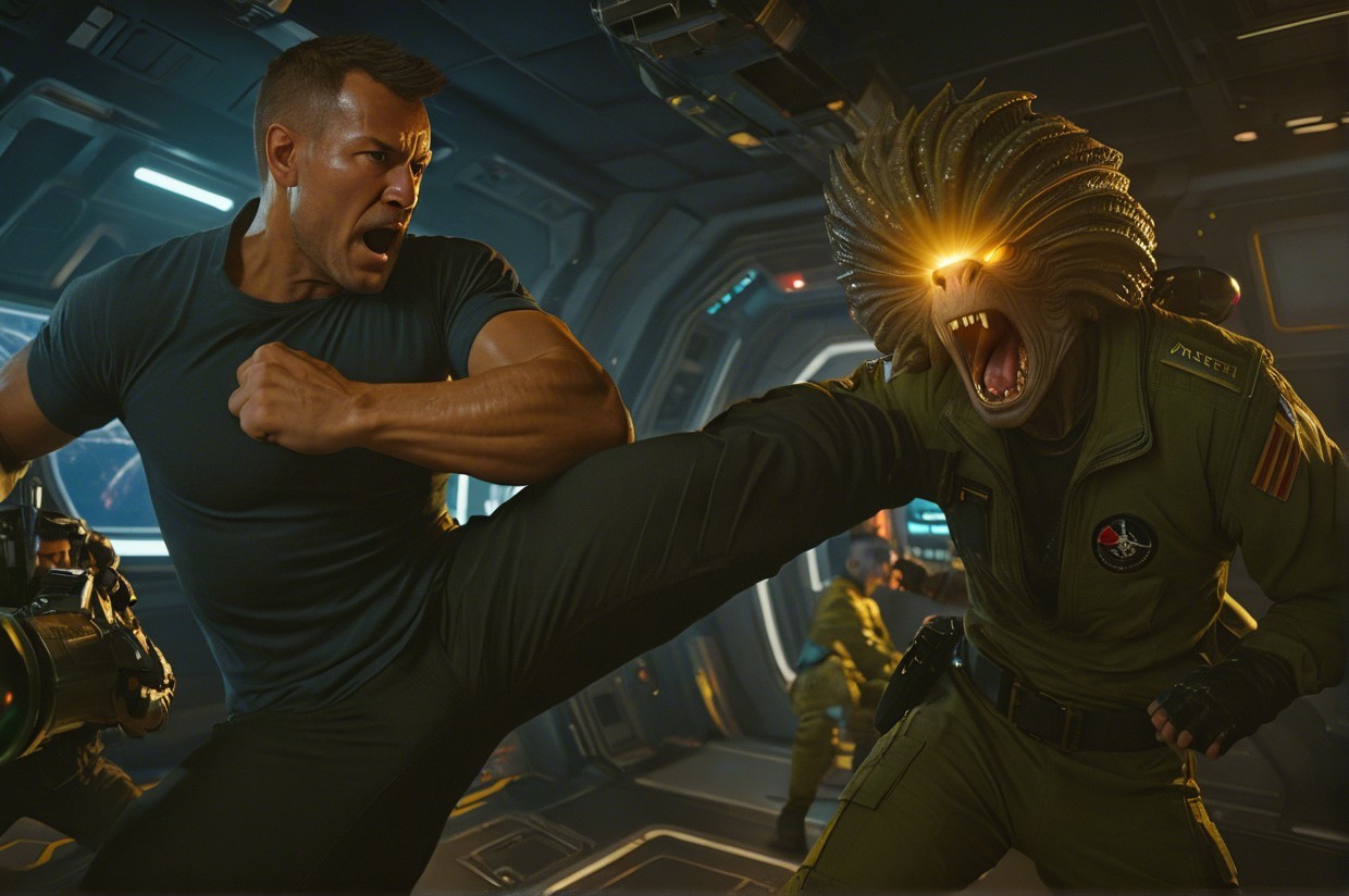 Futuristic Battle Scene with Humanoid and Alien Creature