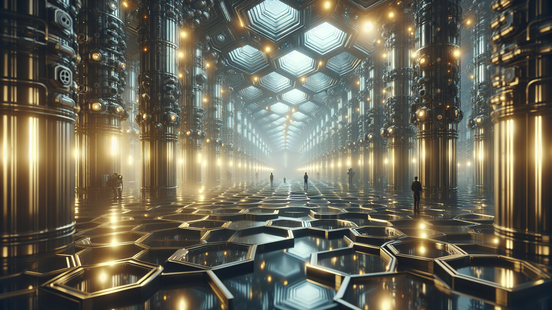 Futuristic hall with metallic columns and hexagonal tiles