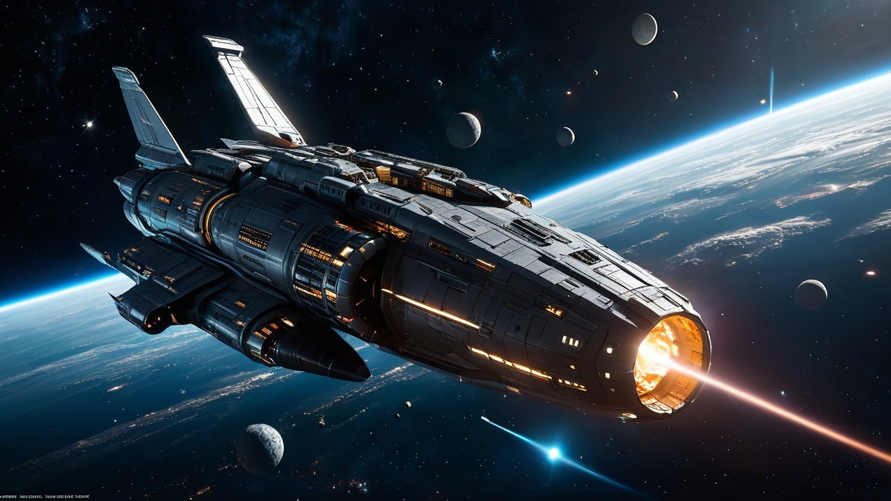 Futuristic spaceship in a cosmic landscape with planets