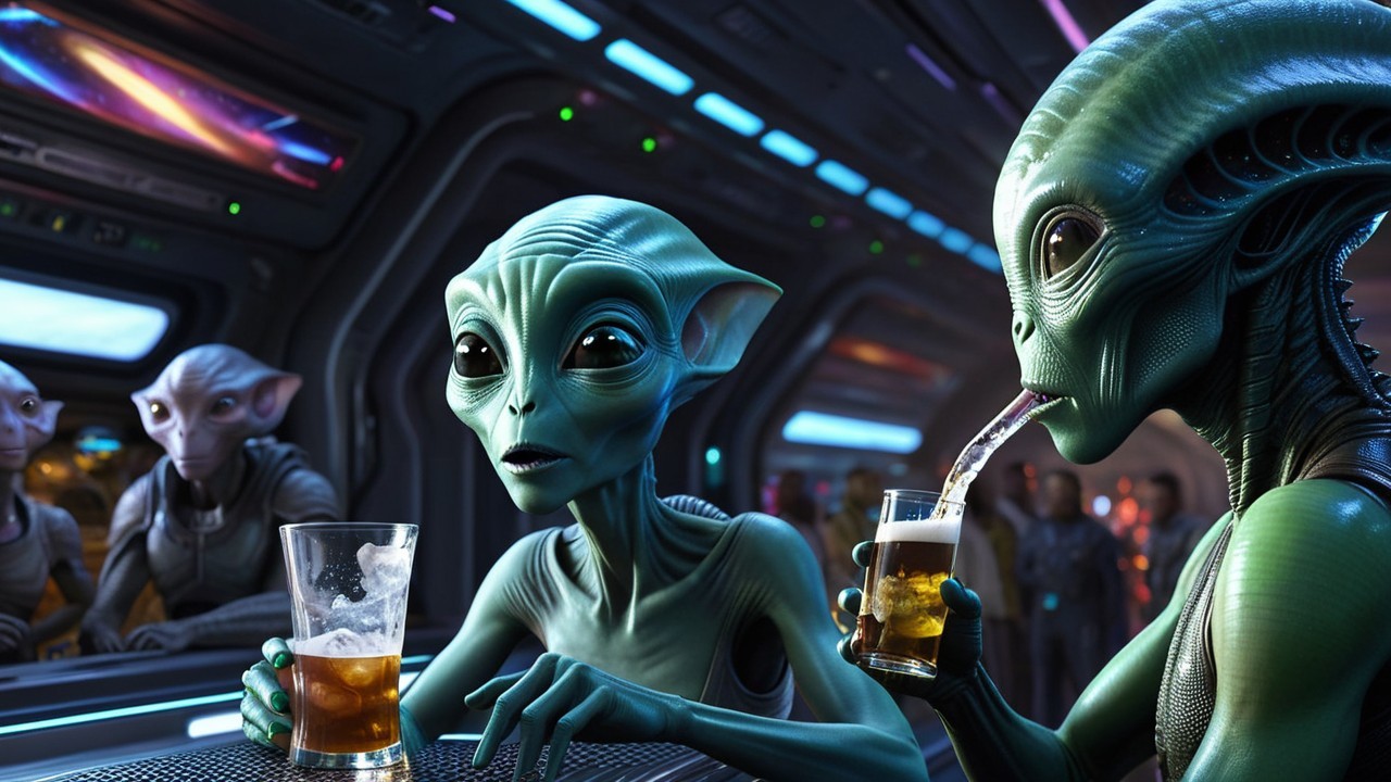 Futuristic Bar Scene with Aliens and Advanced Technology