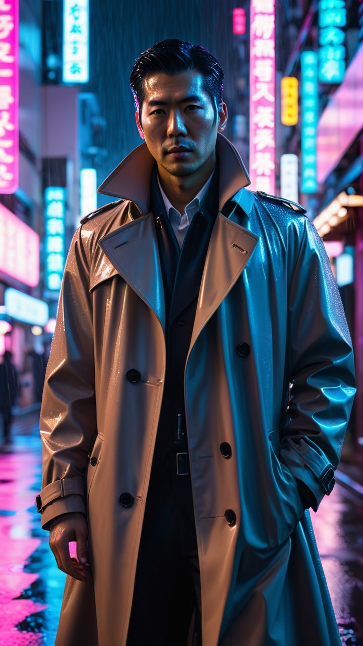 Man in Trench Coat on Rainy Neon Urban Street