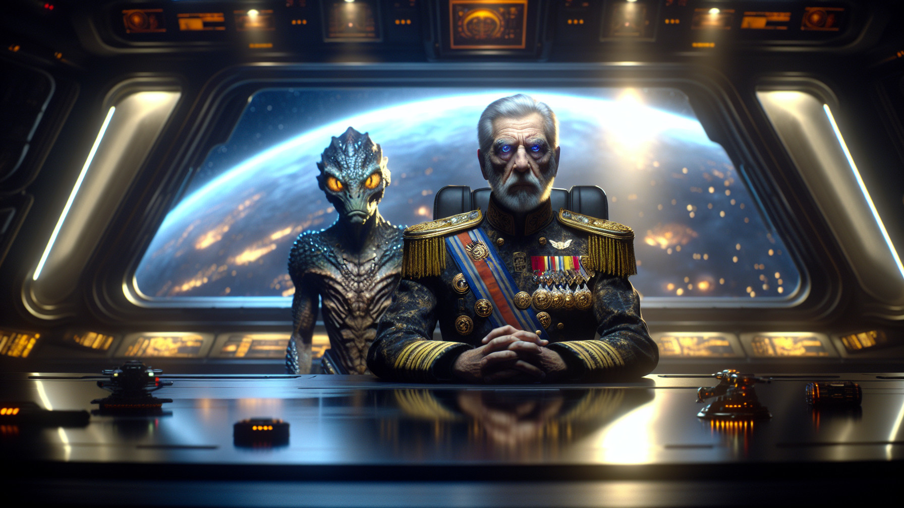 Futuristic Command Room with Human and Alien Figures
