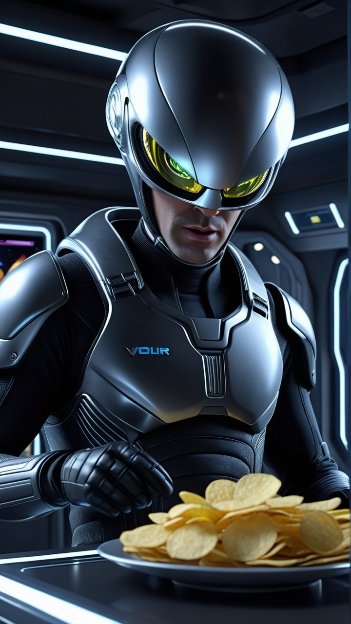 Futuristic figure in armor enjoying potato chips