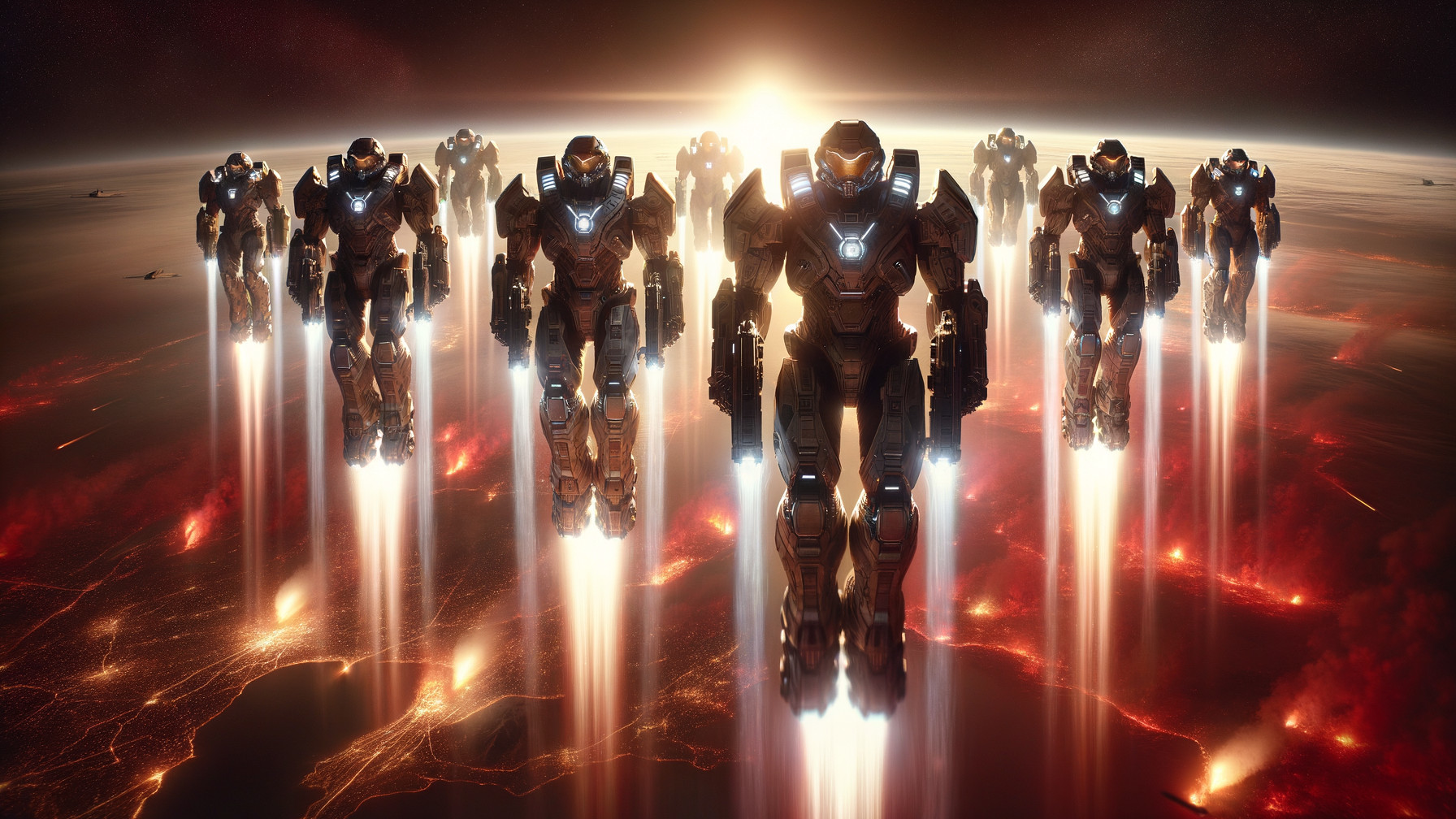 Futuristic armored robots prepare for flight at sunrise
