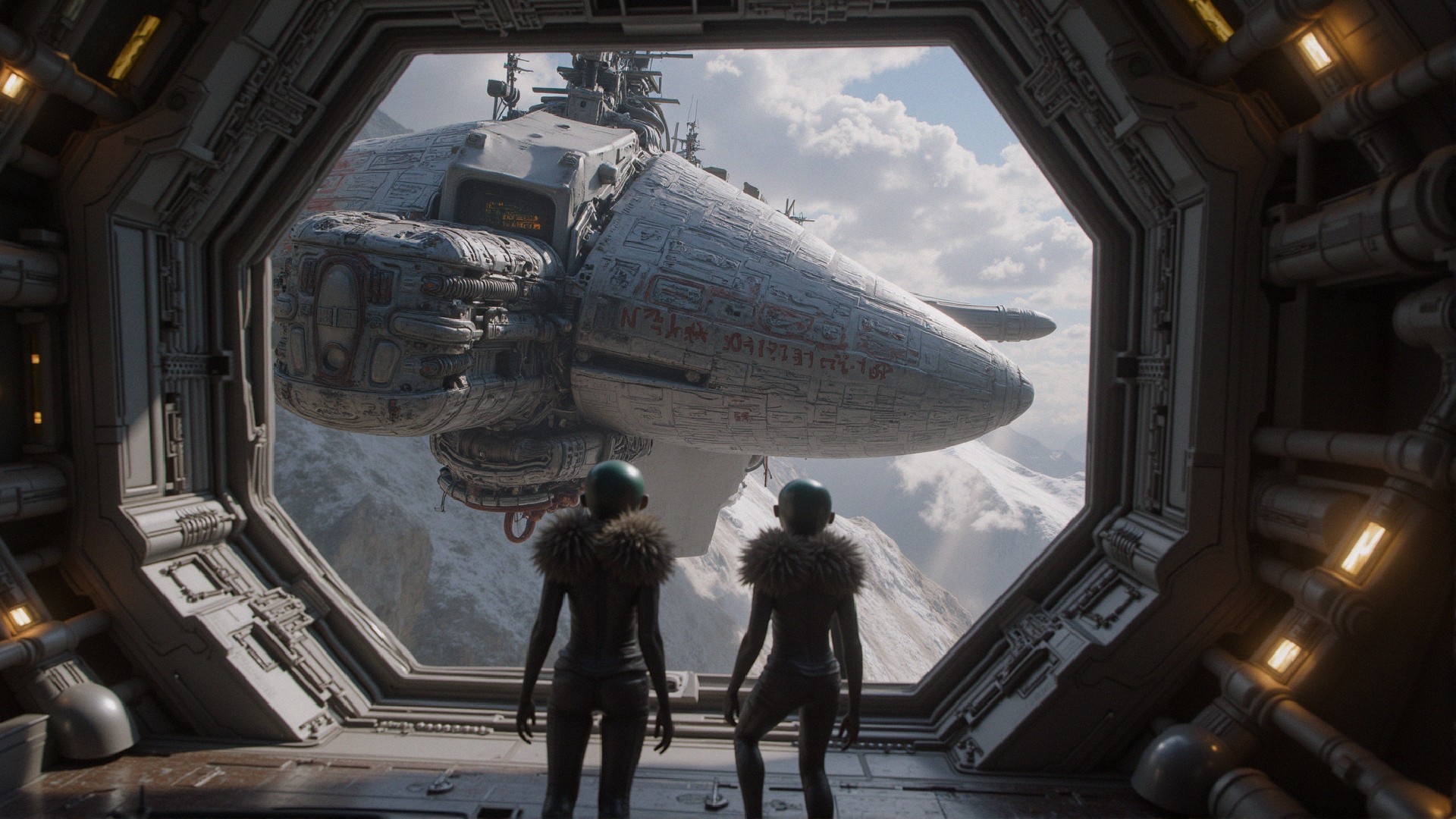 Futuristic Figures Observing Spaceship in Snowy Landscape