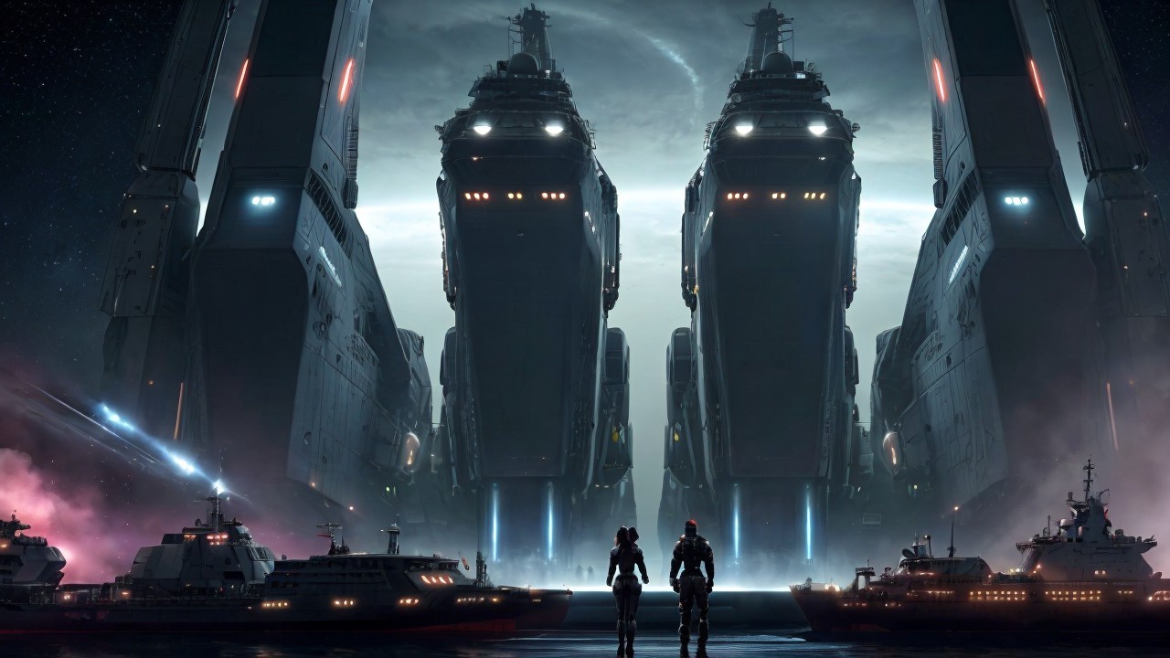 Futuristic spacecraft in a dramatic cosmic setting