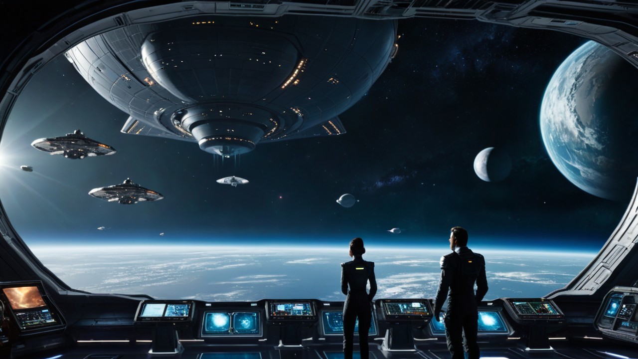 Futuristic spacecraft command center with cosmic vista