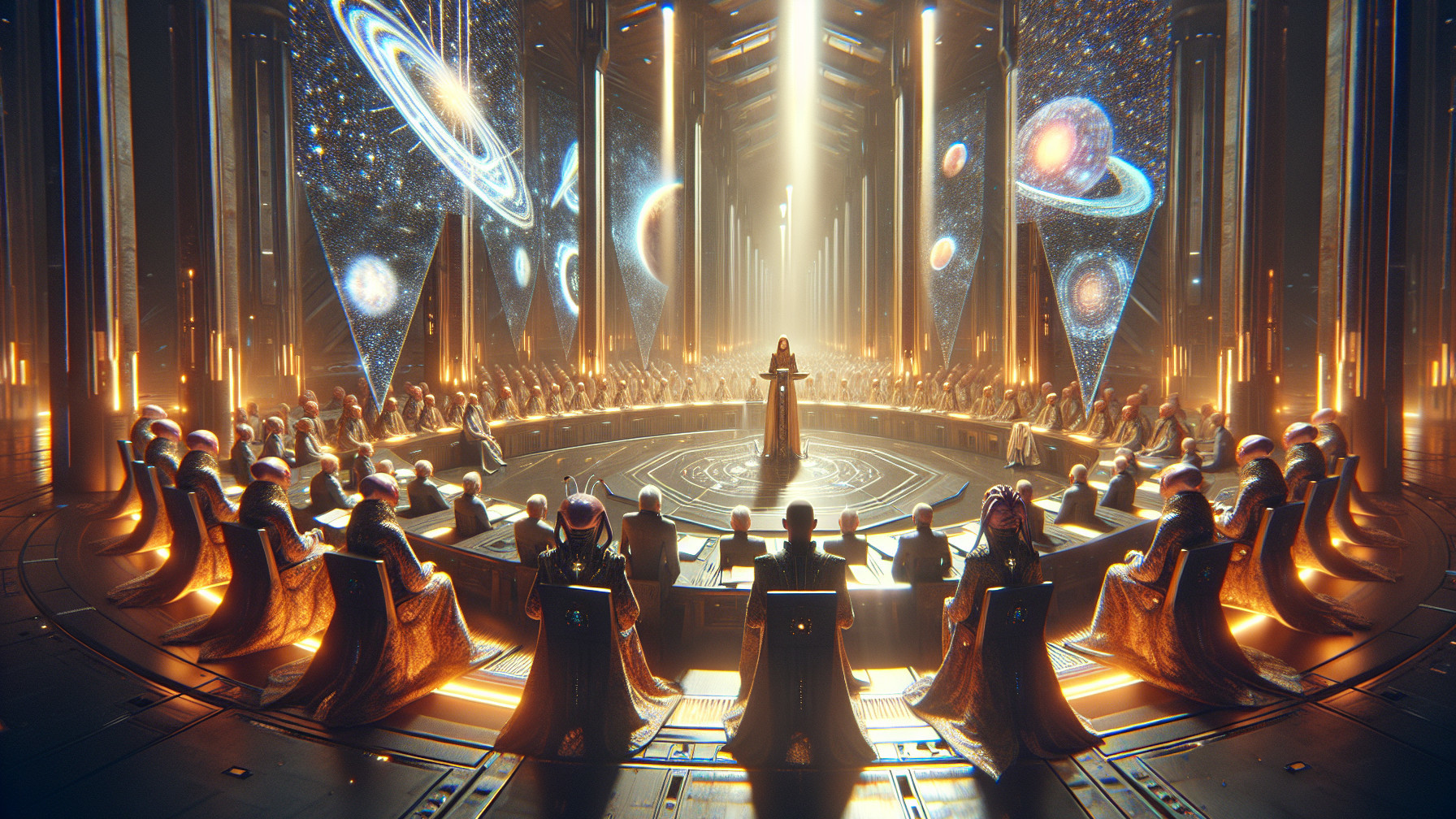 Futuristic chamber with assembly discussing galaxies
