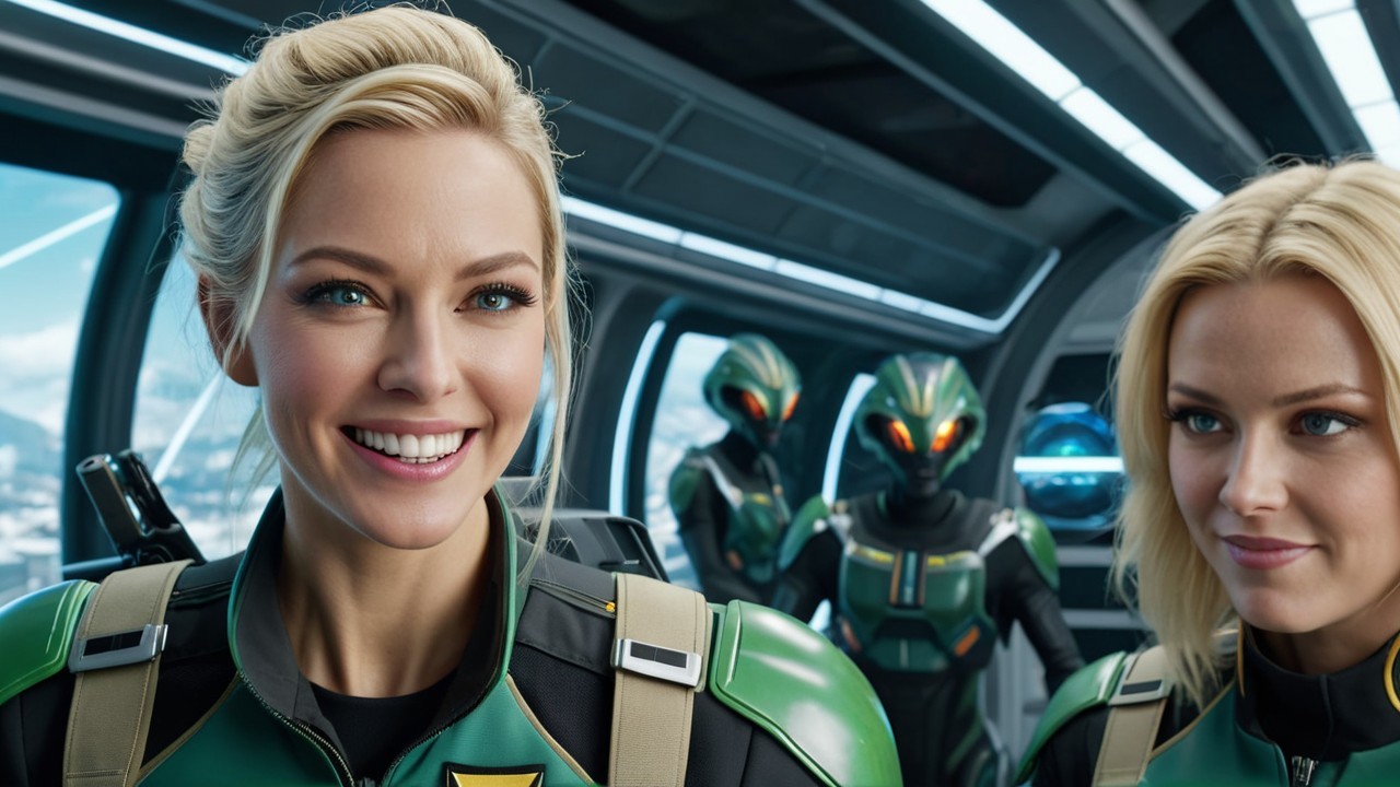 Futuristic Team in Green-Accented Uniforms and Helmets
