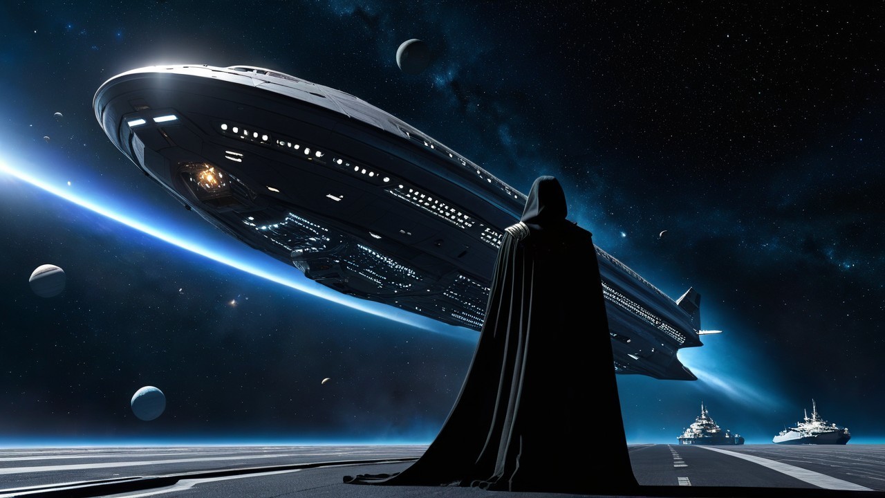 Cloaked Figure Observing Futuristic Spaceship in Space