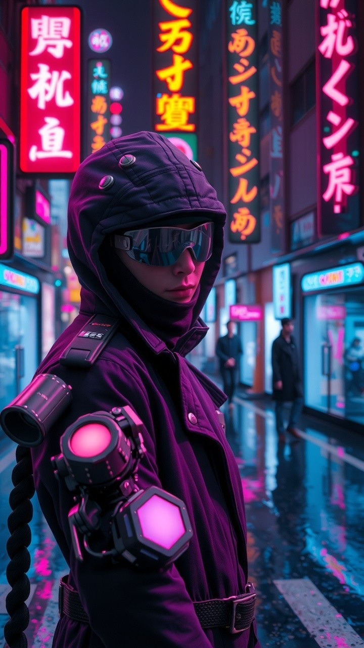 Futuristic figure in neon-lit cyberpunk street scene