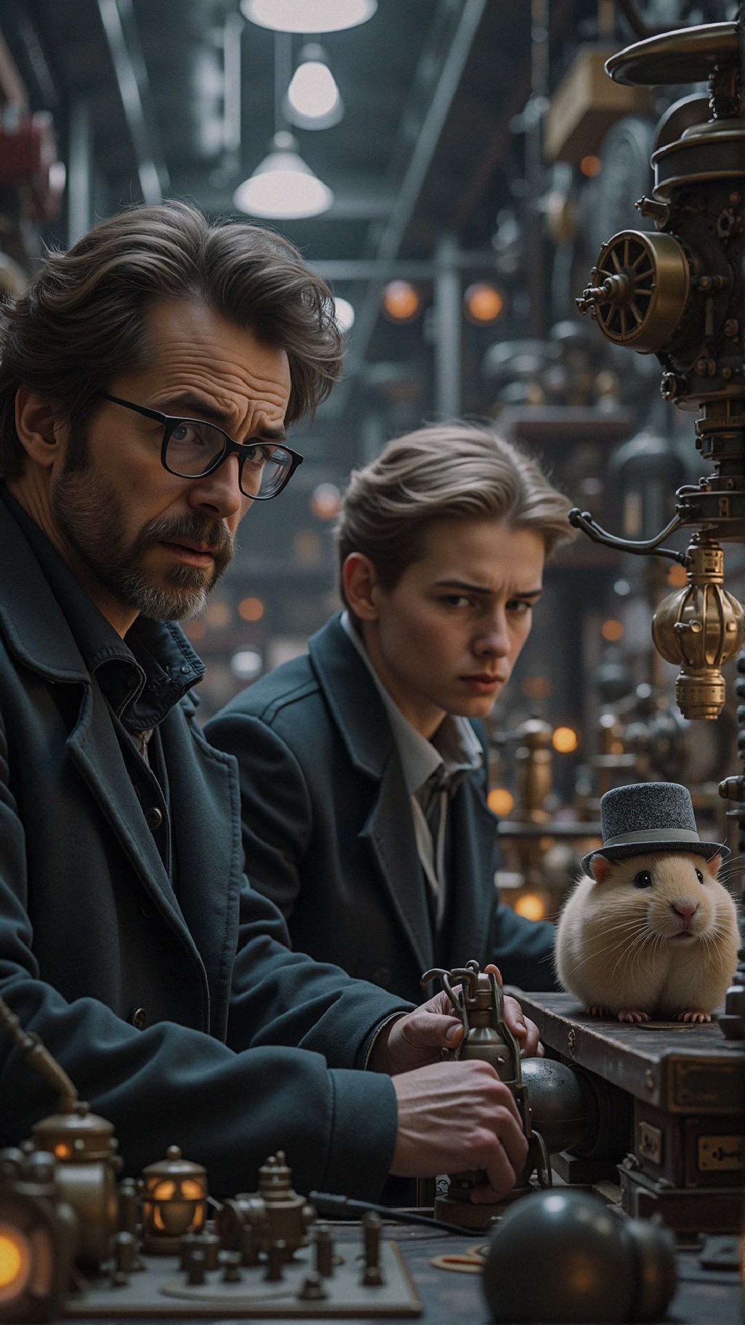 Steampunk Workshop with Man, Boy, and Guinea Pig