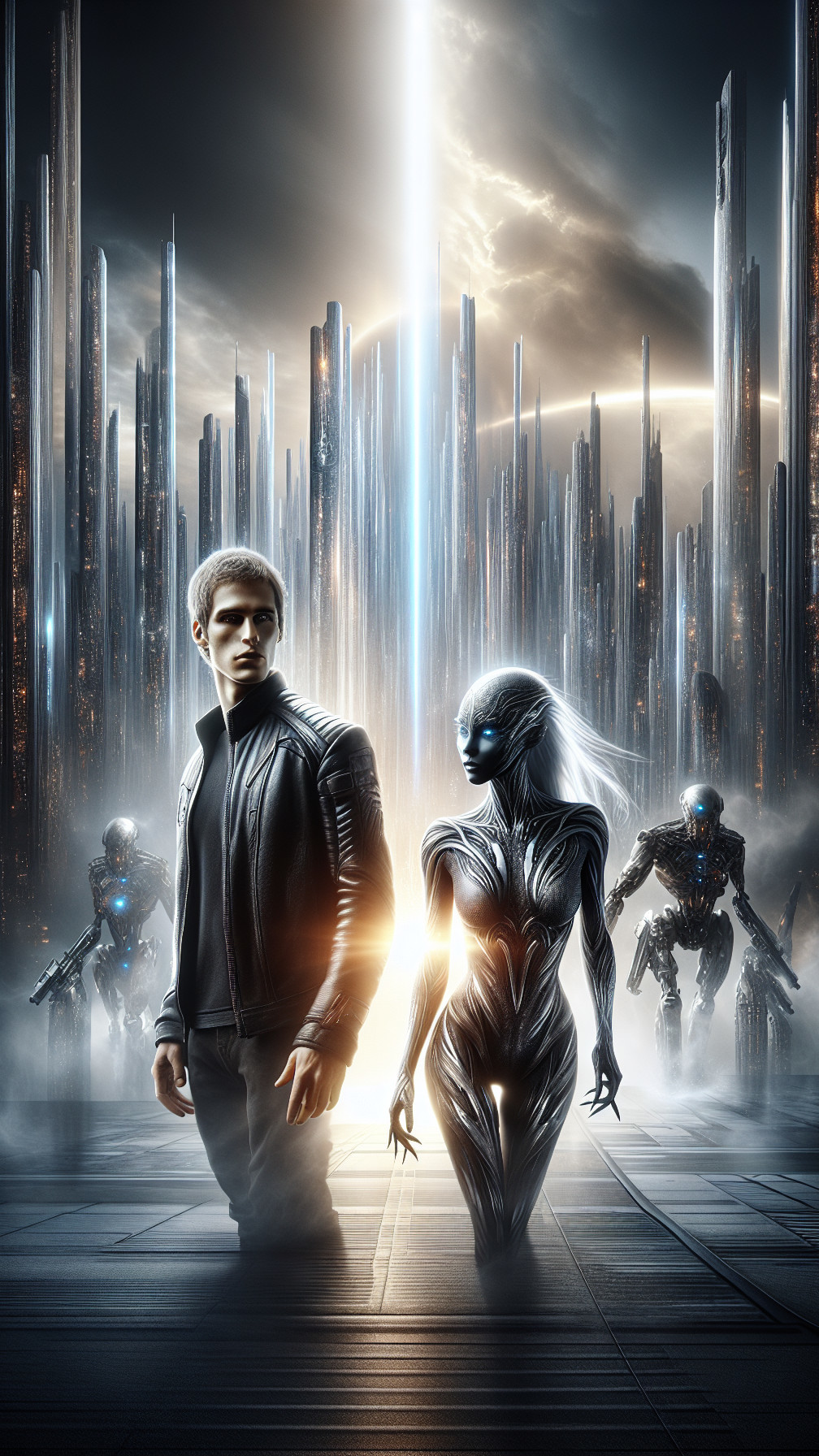 Futuristic Landscape with Alien Figure and Skyscrapers